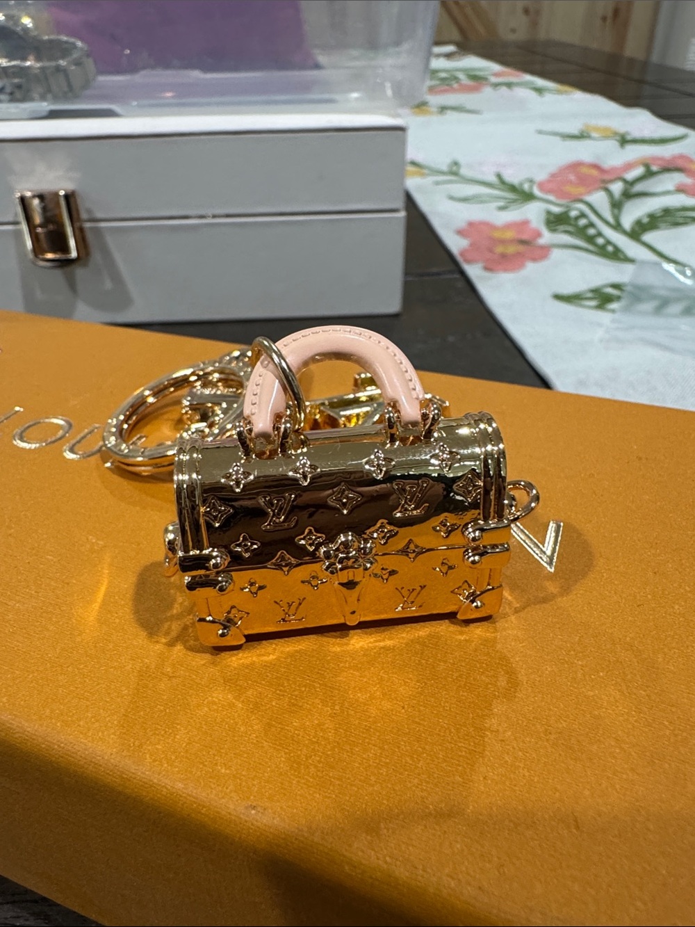 Designer Gold Mini Trunk Keychain Bag with Pink Handle
